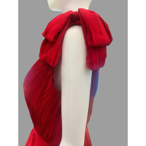 Flowy Red Evening Gown With Pleated V-Neck Bodice Dramatic Shoulder Bows & Back - Picture 2 of 10